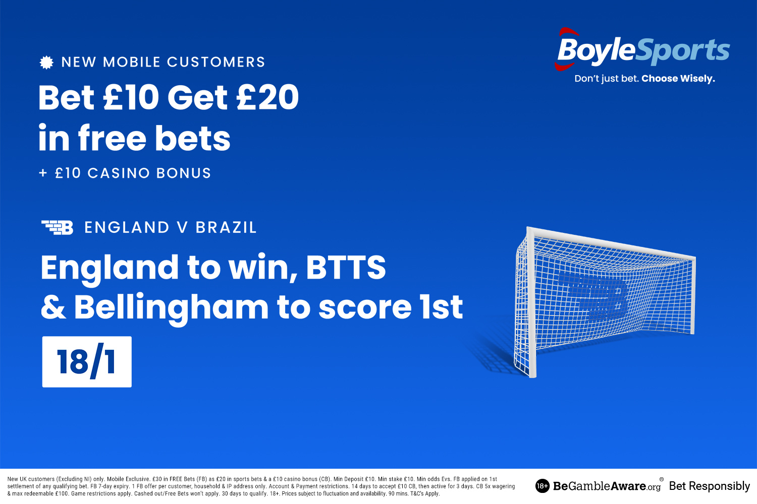 England vs Brazil: Get £20 in free bets and £10 casino bonus with BoyleSports, plus 18/1 price boost