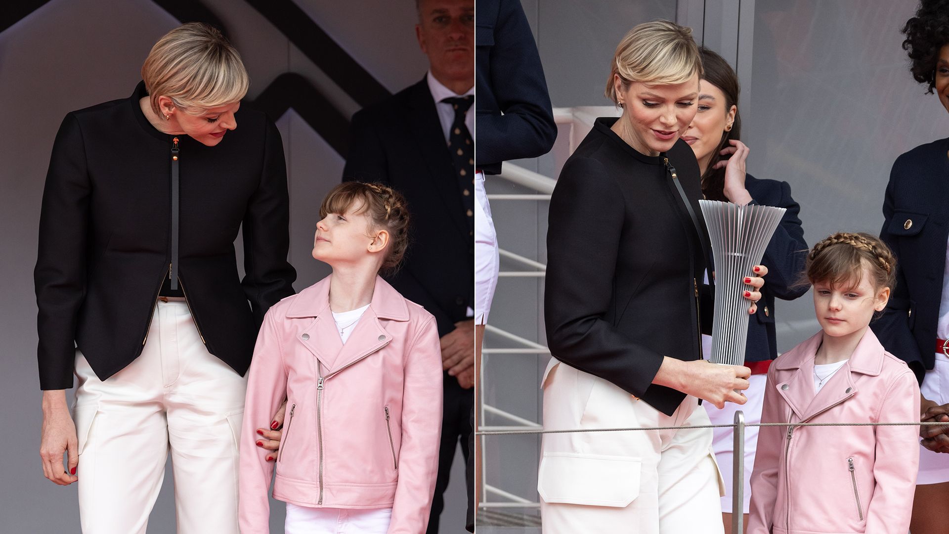 Princess Charlene’s lookalike daughter Princess Gabriella is her double in candy pink leather jacket