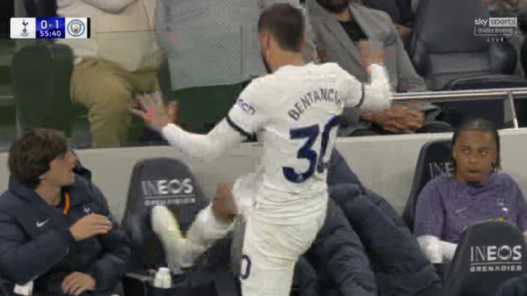 Furious Tottenham star Rodrigo Bentancur almost falls over kicking chair after being subbed following Man City goal