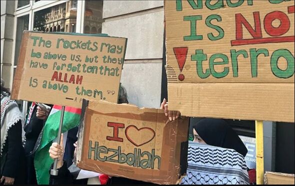 Protesters pictured marching through London with ‘I love Hezbollah’ placards