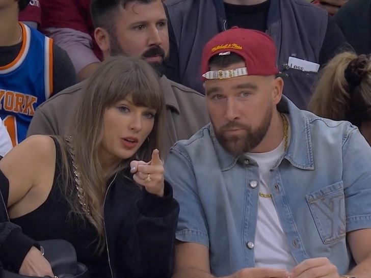 Taylor Swift Gives Travis Kelce Gum Courtside at Knicks-Cavs Playoff Game