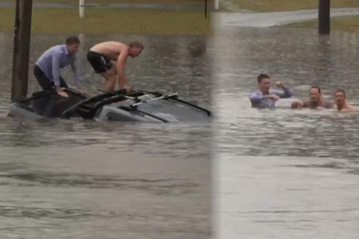 Footage captures TV reporter rescuing man from sinking car during flood