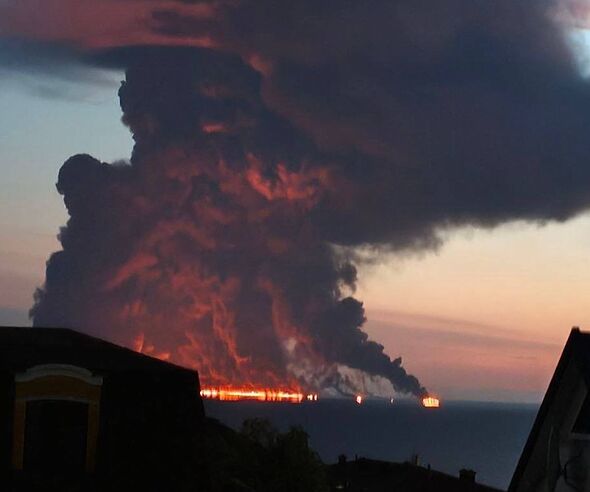 Russian ship in flames as apocalyptic fire engulfs boat in the Black Sea